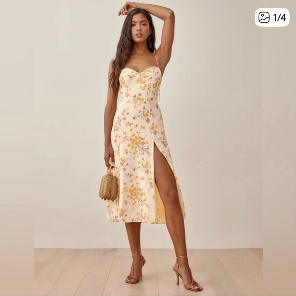 Reformation Cream Dress with Yellow and Pink Floral Pattern